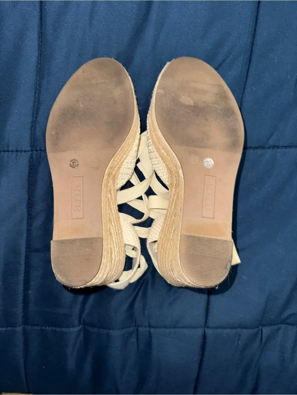 Cream Woven Espadrille Wedges with Wrap-around Ties
